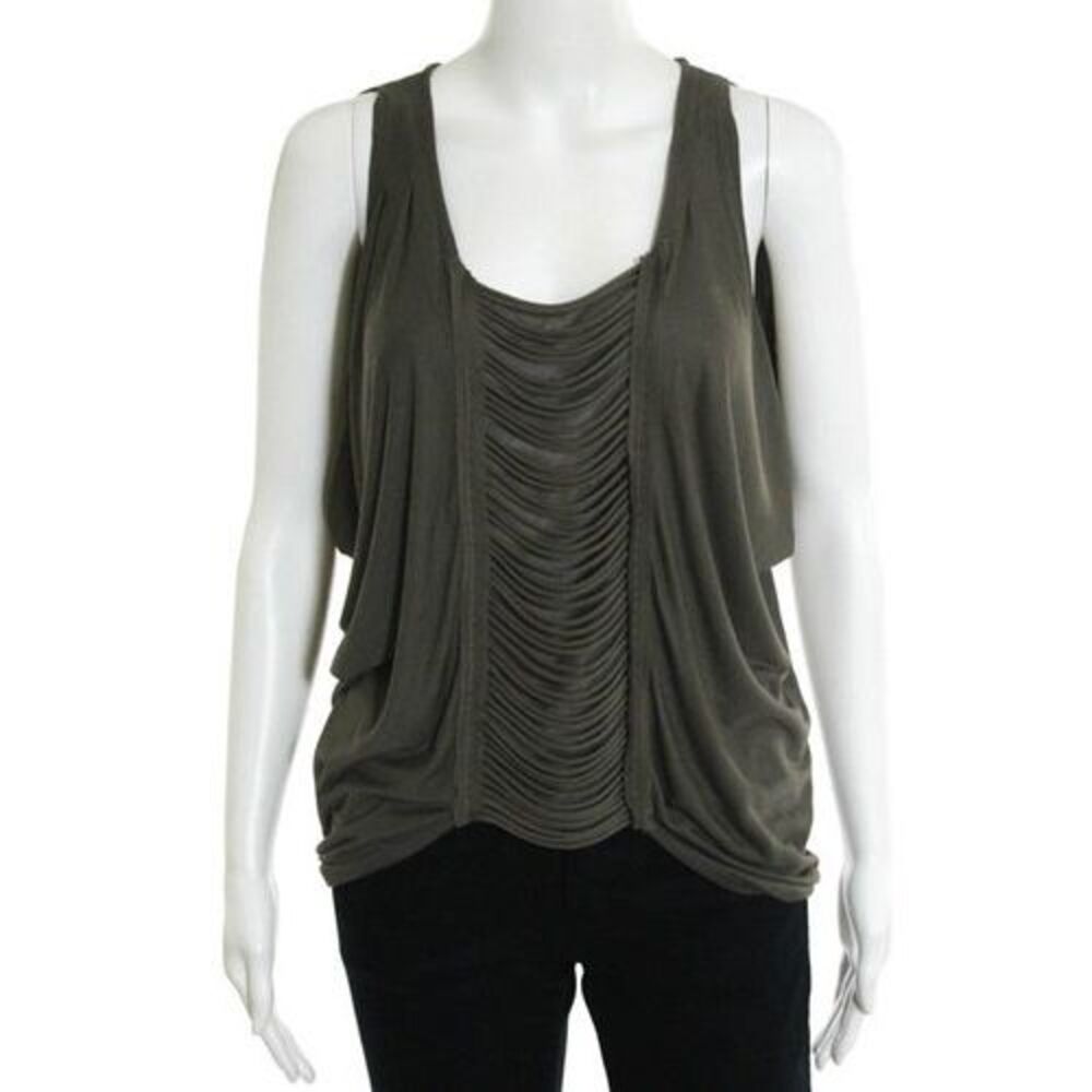 BCBG MAX AZRIA Olive Green Sleeveless Dolman Sheer Cutout Front Knit Top Sz XS